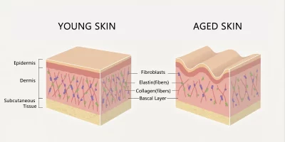 Diagram of skin layers showing collagen and elastin fibers