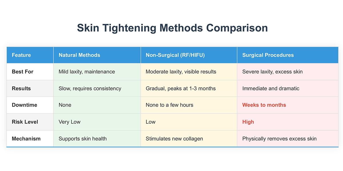 Comparison chart of skin tightening methods: Natural vs. Non-Surgical vs. Surgical.